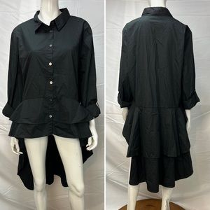 P. Michael Black Collared Long Sleeve Cotton Hi-Low 2XL Tailcoat Shirt Lagenlook